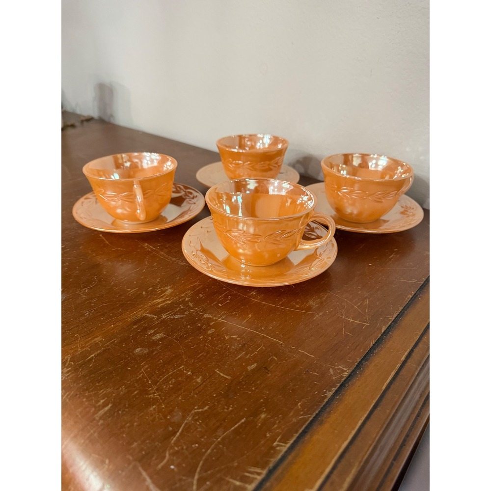 Vintage Fire King Anchor Hocking‎ Laurel Leaf Peach Lustre Teacup and Saucer Set